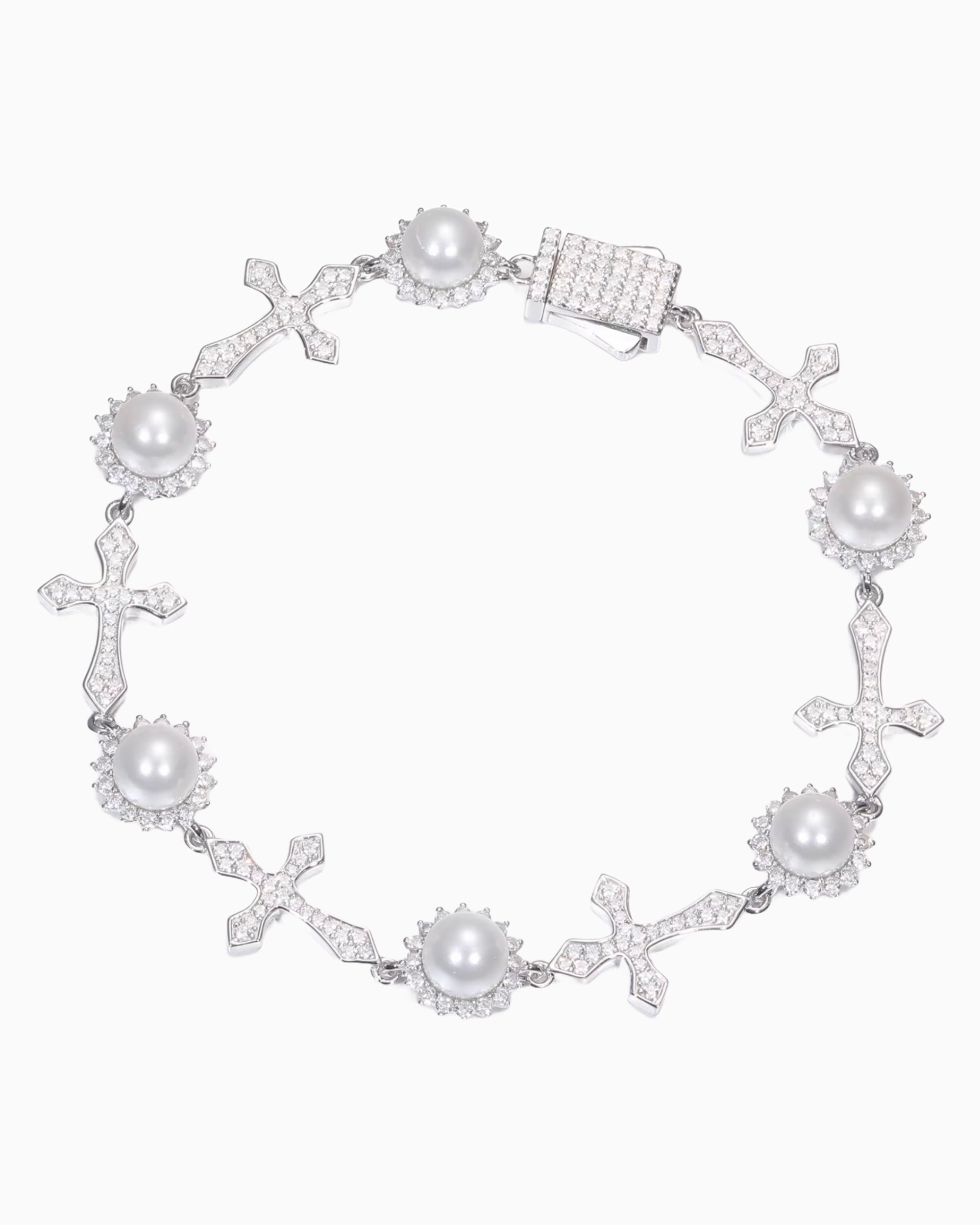 MOISSANITE ICY CROSSES  & PEARLS BRACELET.